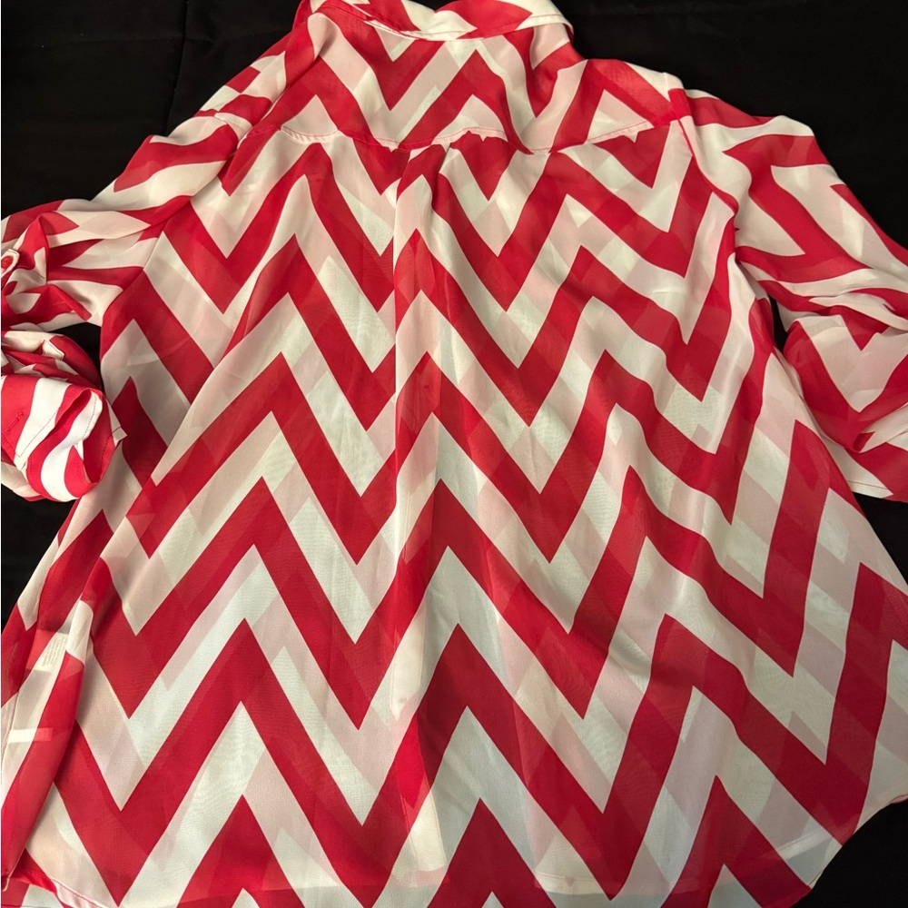 New York & Company Red and White Zigzag Blouse